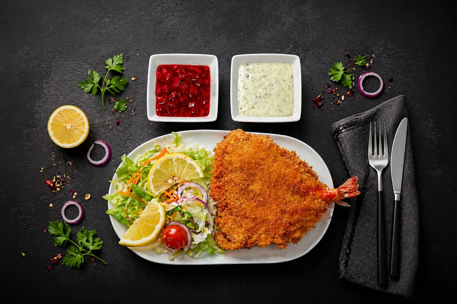 Breaded cutlet with salad and sauces, delivery menu photography, London