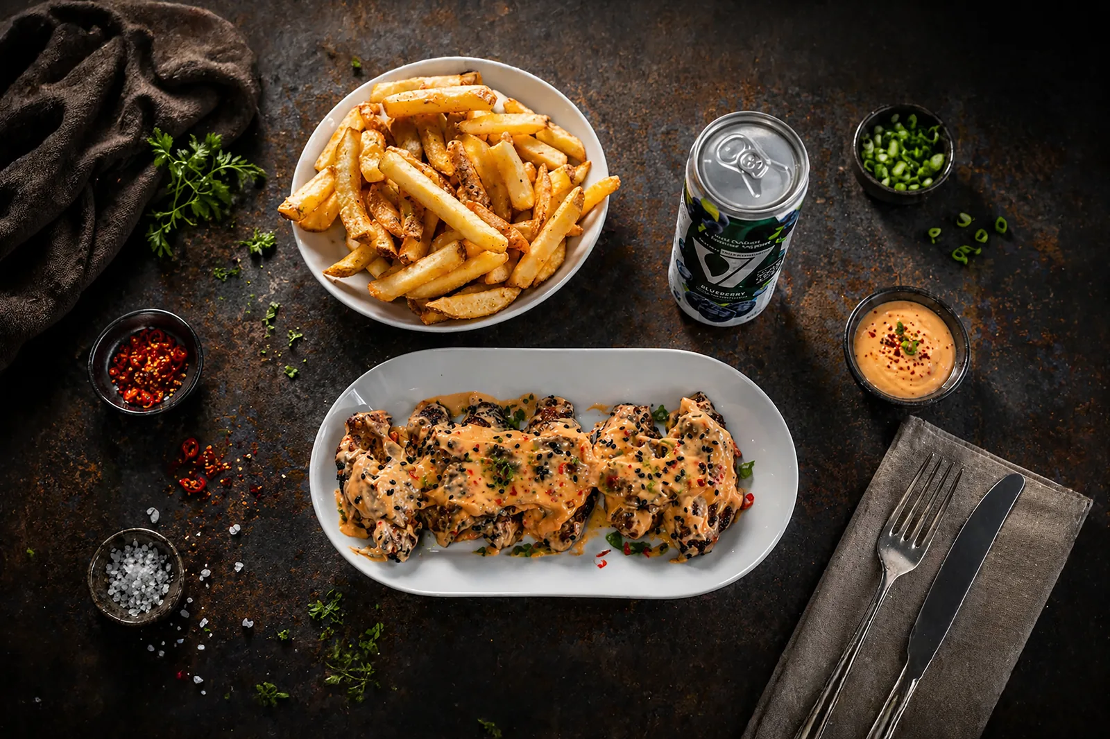 Loaded chicken and fries, advertising food photography, London